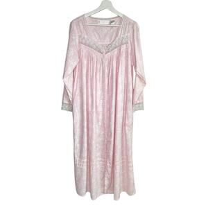 Eileen West Vintage Cotton Long Sleeve Lace Trim Button Front Nightgown Pink S